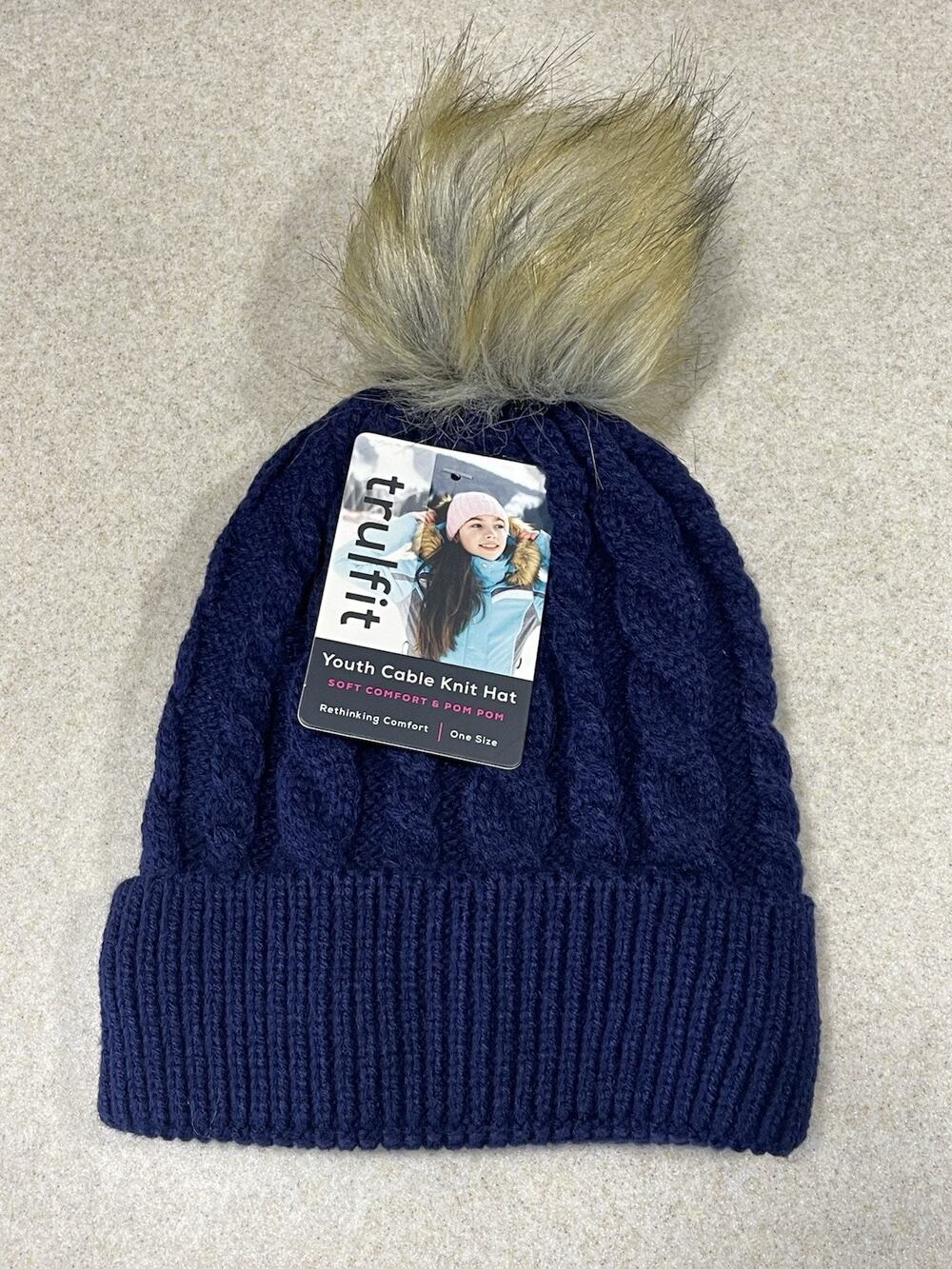 New -TRULFIT Youth Cable Knit Hat Soft Comfort W/Pom Pom One Size Blue -Outdoor